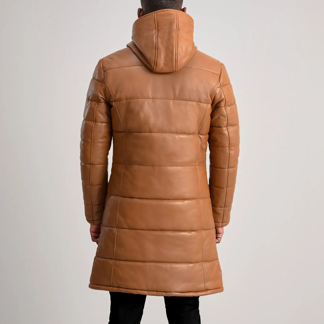 Tan Leather Puffer Coat with Hood