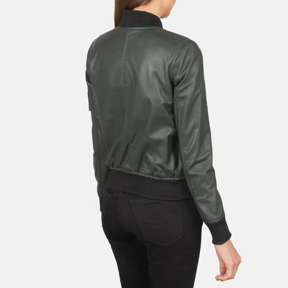 Green Leather Bomber Jacket For Women