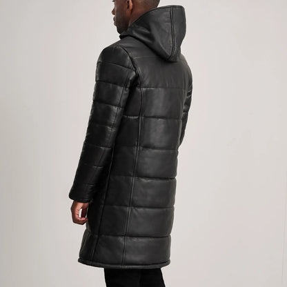 Black Leather Puffer Coat with Hood - High Quality Material