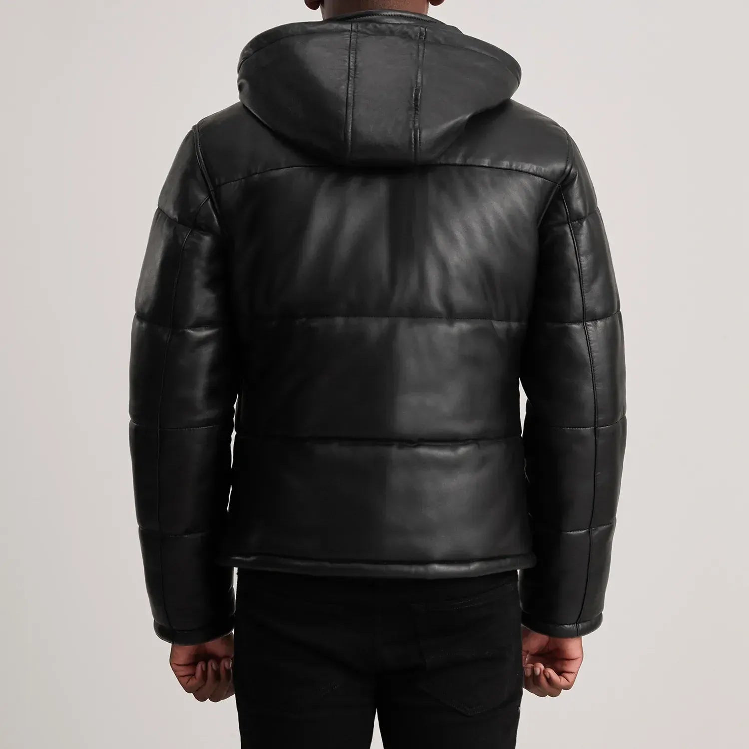 Men’s Black Sheepskin Leather Puffer Jacket with Removable Hood