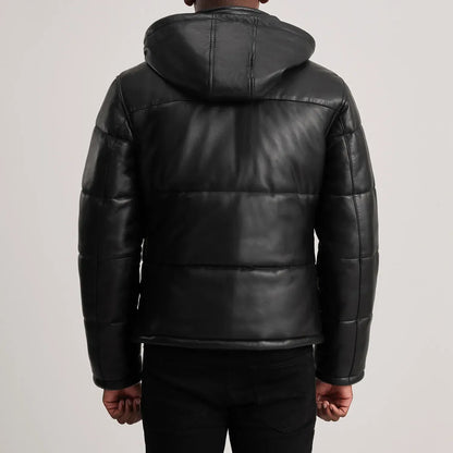 Men’s Black Sheepskin Leather Puffer Jacket with Removable Hood