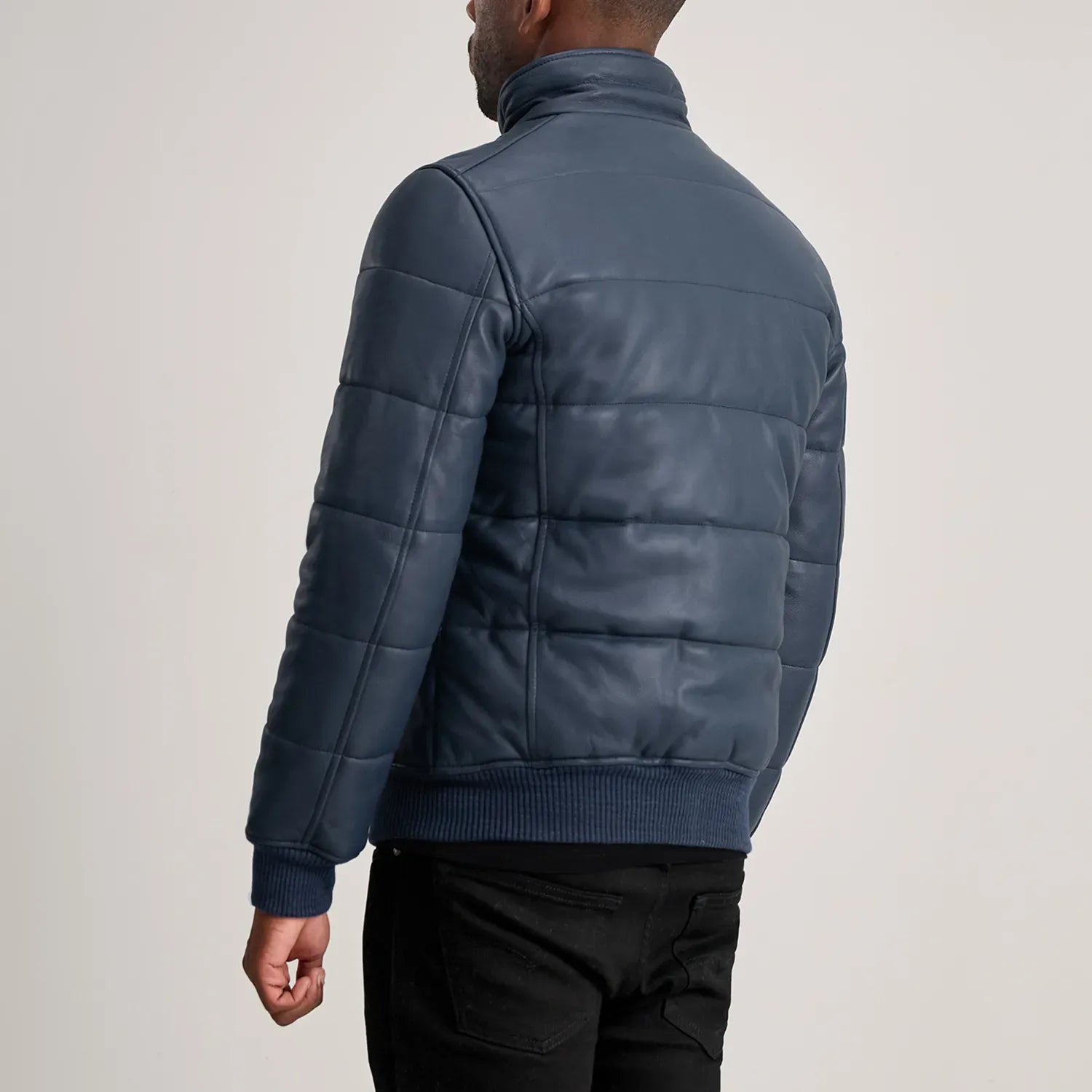 Blue Leather Puffer Bomber Jacket for Men