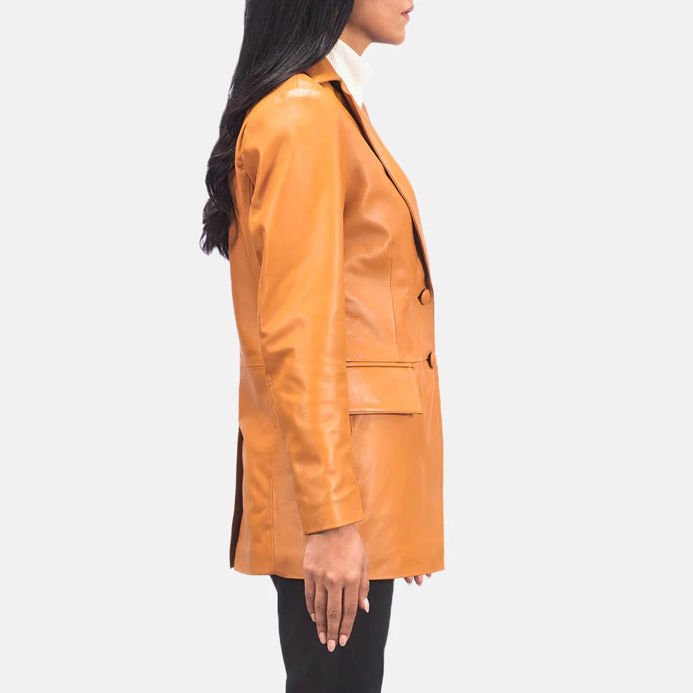 Tan Brown Leather Blazer For Women