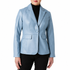 A woman wearing a light blue faux-leather blazer over a black turtleneck sweater and black pants, shown from the lips down against a plain white background.