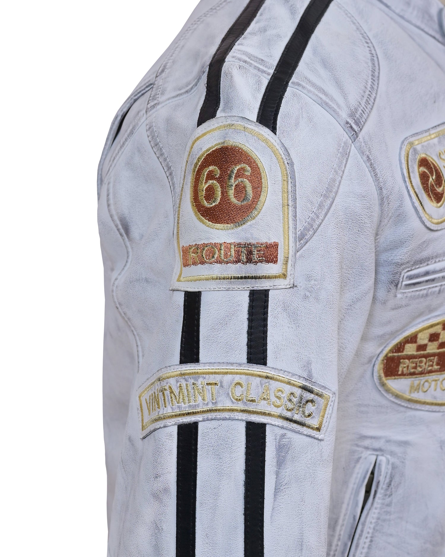 Men’s Distressed White Racing Leather Jacket – Vintage Biker Gear - Vintmint Classic