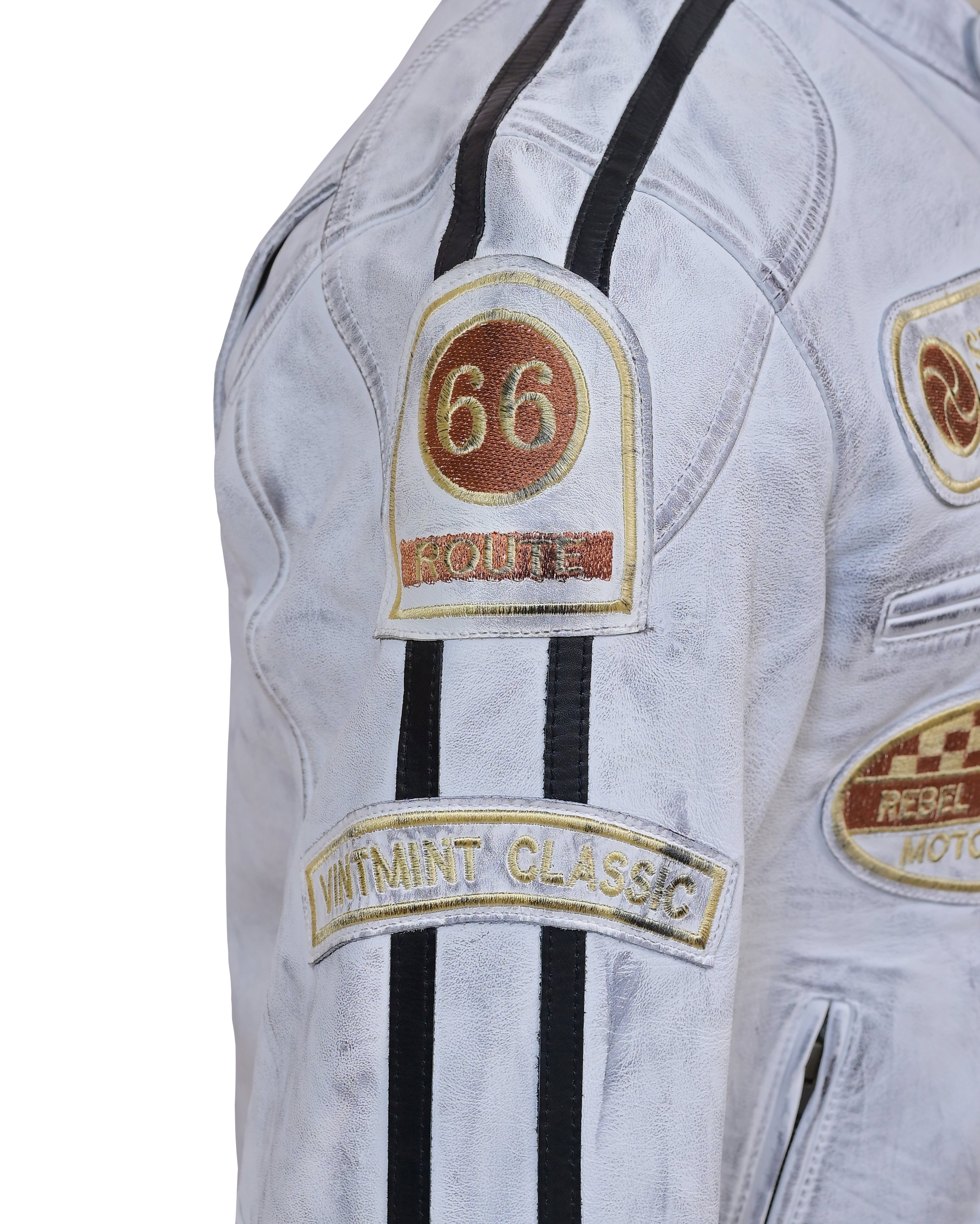 Men’s Distressed White Racing Leather Jacket – Vintage Biker Gear - Vintmint Classic