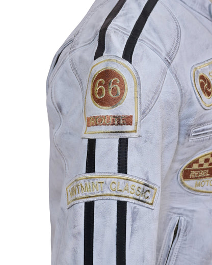 Men’s Distressed White Racing Leather Jacket – Vintage Biker Gear - Vintmint Classic