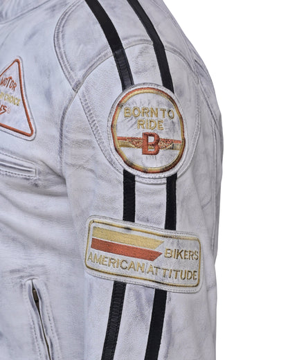 Men’s Distressed White Racing Leather Jacket – Vintage Biker Gear - Vintmint Classic