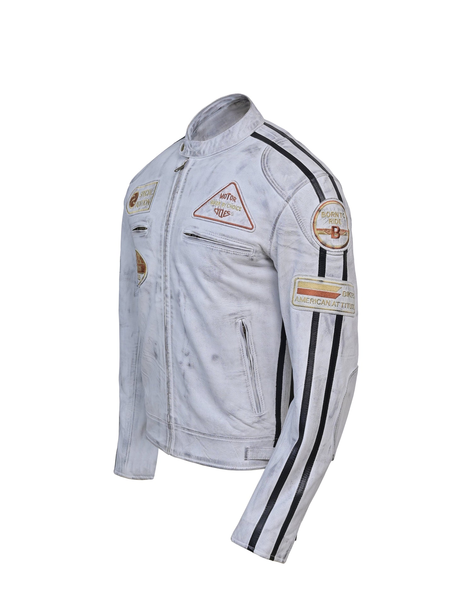 Men’s Distressed White Racing Leather Jacket – Vintage Biker Gear - Vintmint Classic