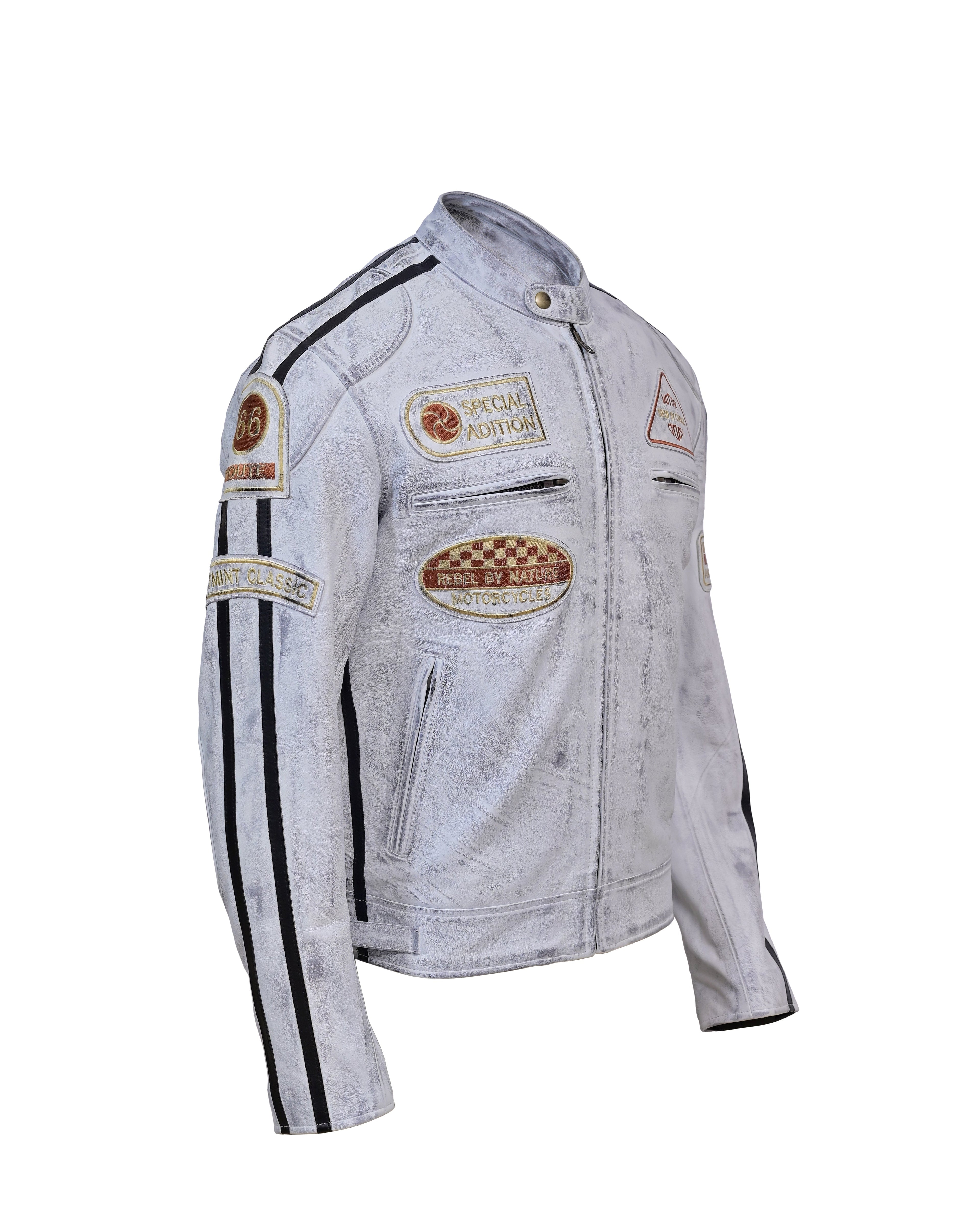 Men’s Distressed White Racing Leather Jacket – Vintage Biker Gear - Vintmint Classic