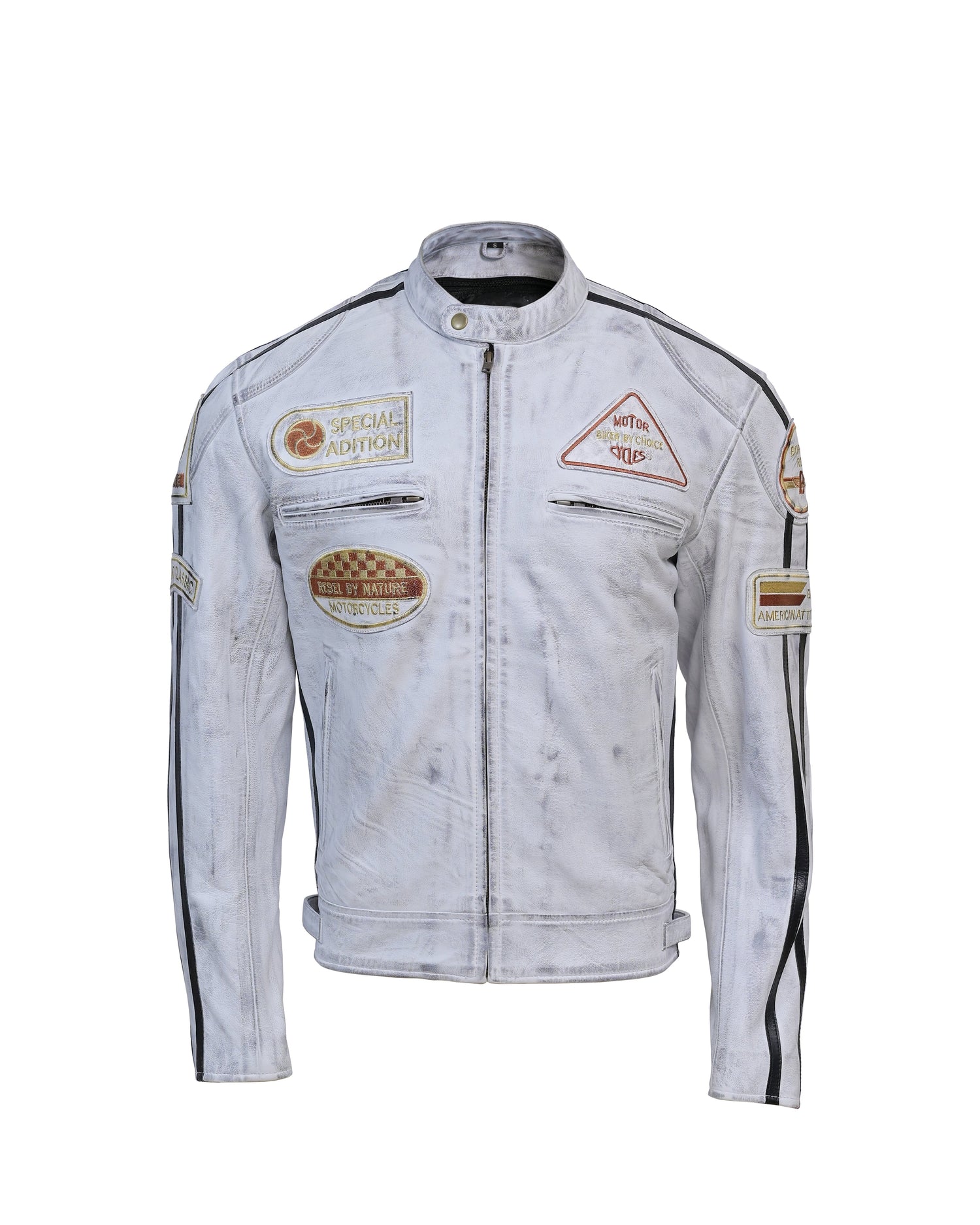 Men’s Distressed White Racing Leather Jacket – Vintage Biker Gear - Vintmint Classic