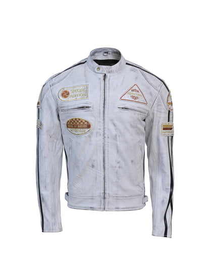 Men’s Distressed White Racing Leather Jacket – Vintage Biker Gear - Vintmint Classic