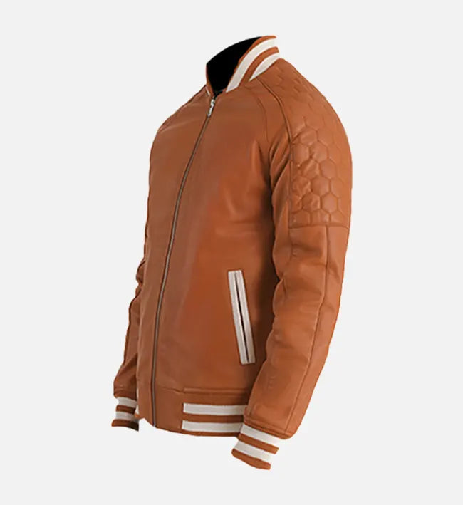 Men’s Tan Brown Leather Varsity Jacket – Ribbed Bomber Style