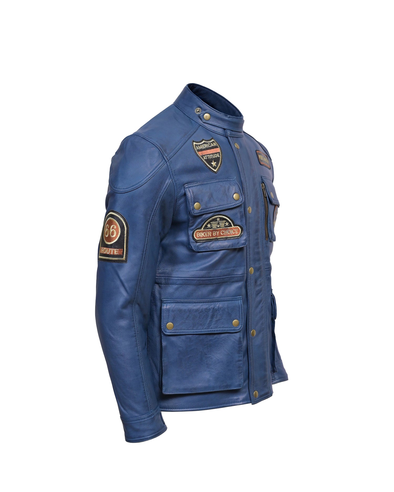 Men’s Vintage Blue Leather Patrol Jacket – Multi - Pocket Biker Style - Vintmint Classic