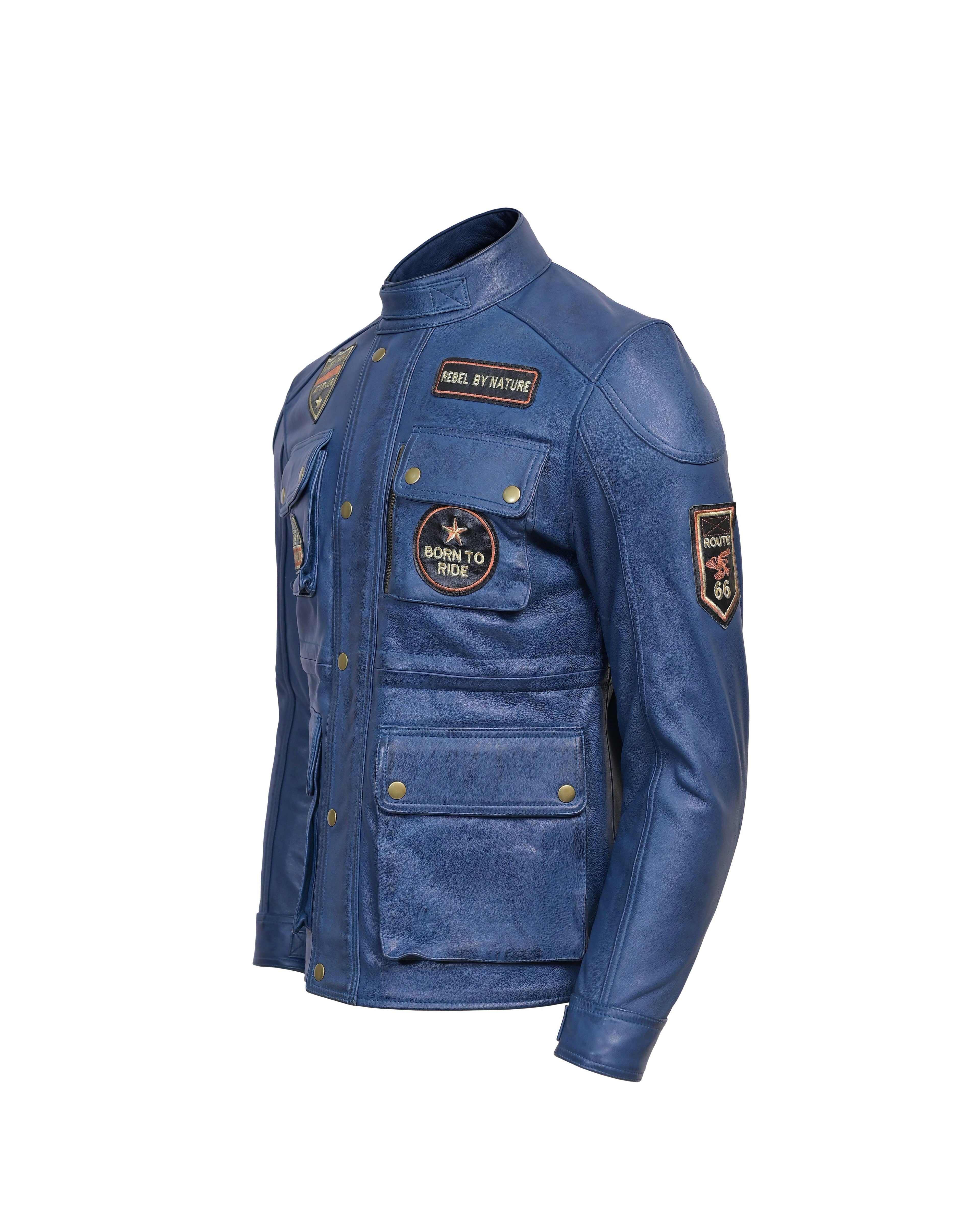 Men’s Vintage Blue Leather Patrol Jacket – Multi - Pocket Biker Style - Vintmint Classic