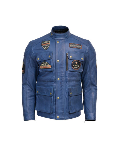 Men’s Vintage Blue Leather Patrol Jacket – Multi - Pocket Biker Style - Vintmint Classic