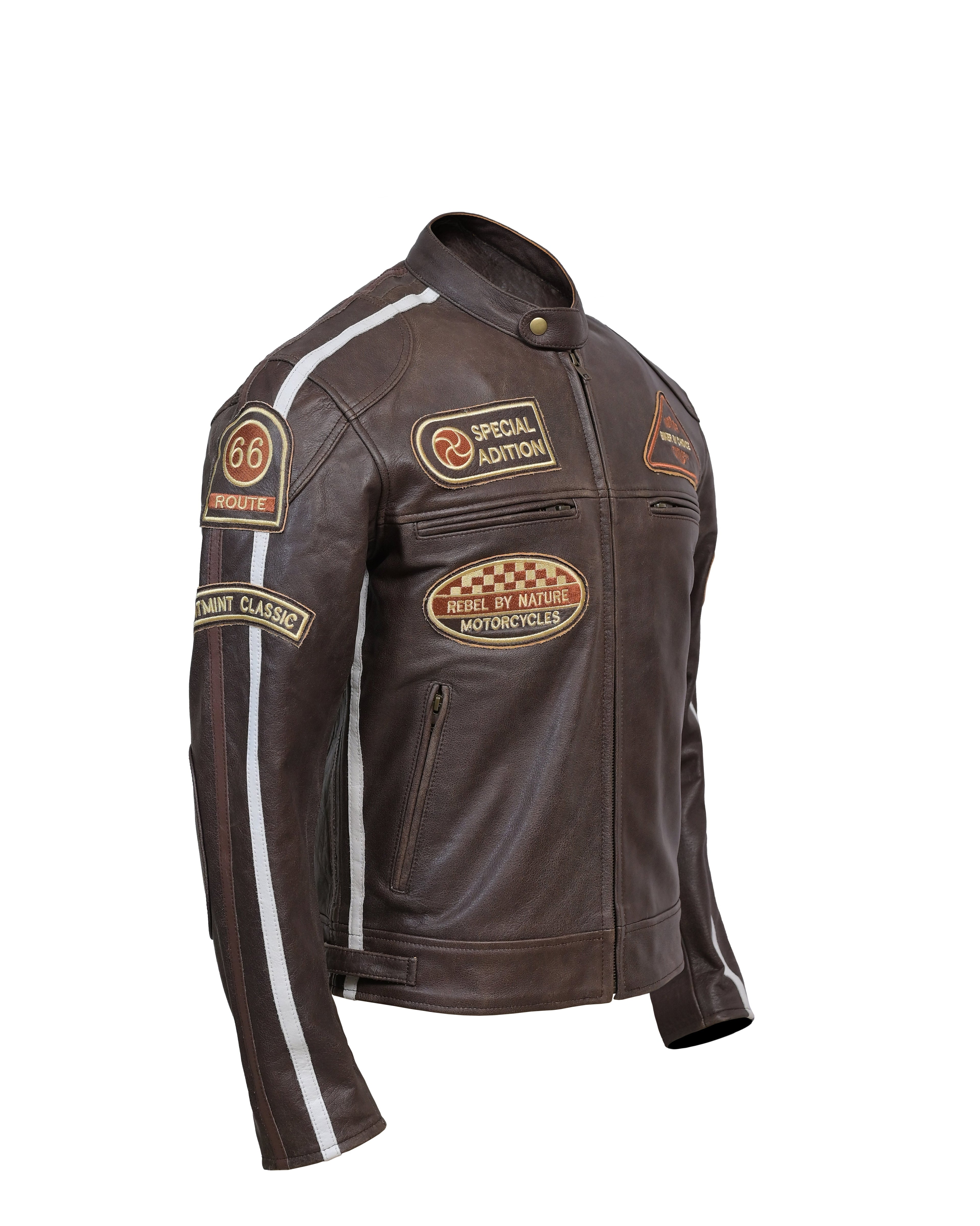 Men’s Vintage Brown Racing Leather Jacket – Striped Biker Gear - Vintmint Classic