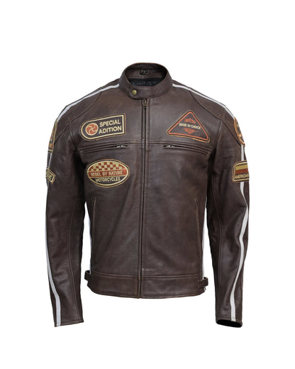 Men’s Vintage Brown Racing Leather Jacket – Striped Biker Gear - Vintmint Classic