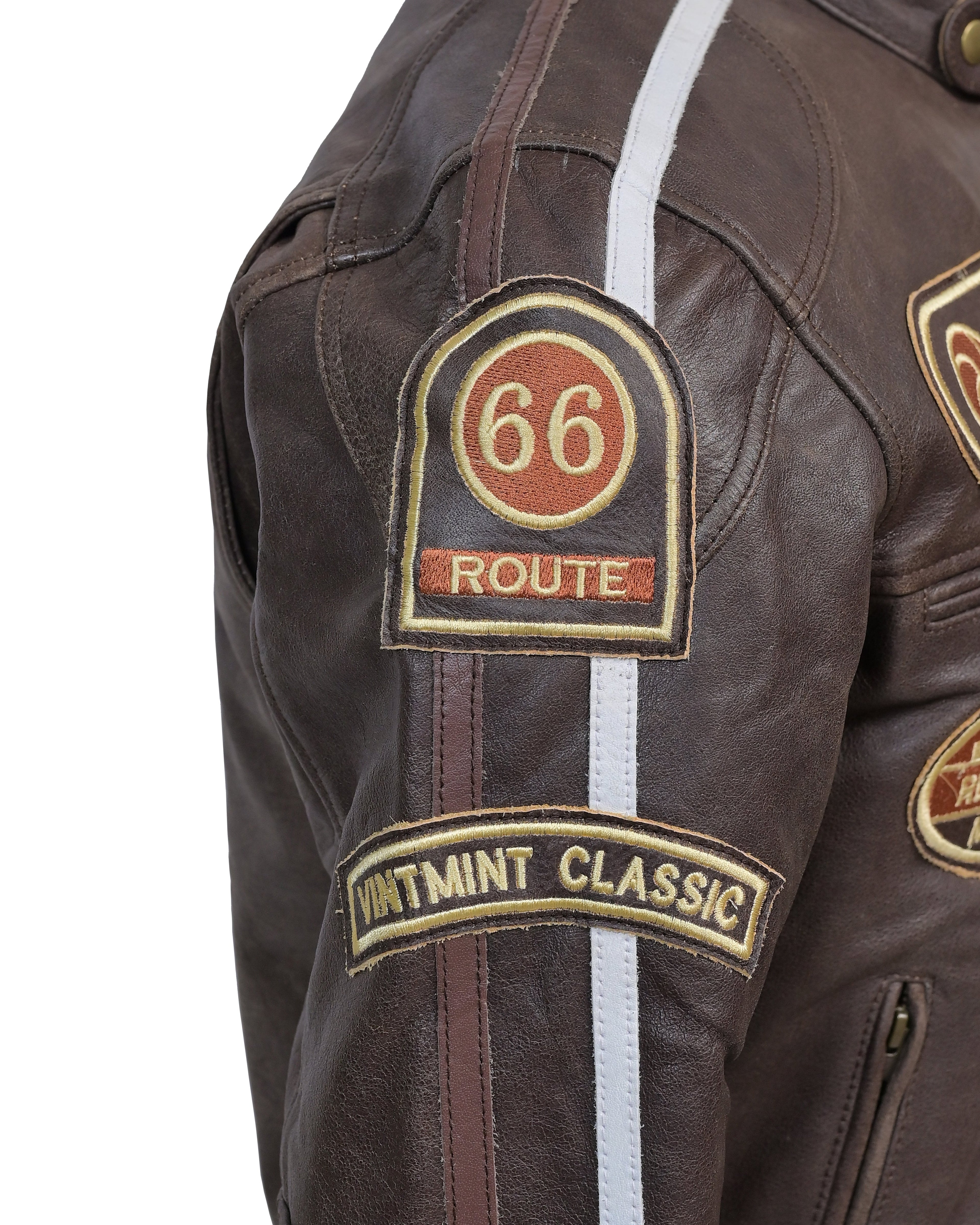 Men’s Vintage Brown Racing Leather Jacket – Striped Biker Gear - Vintmint Classic
