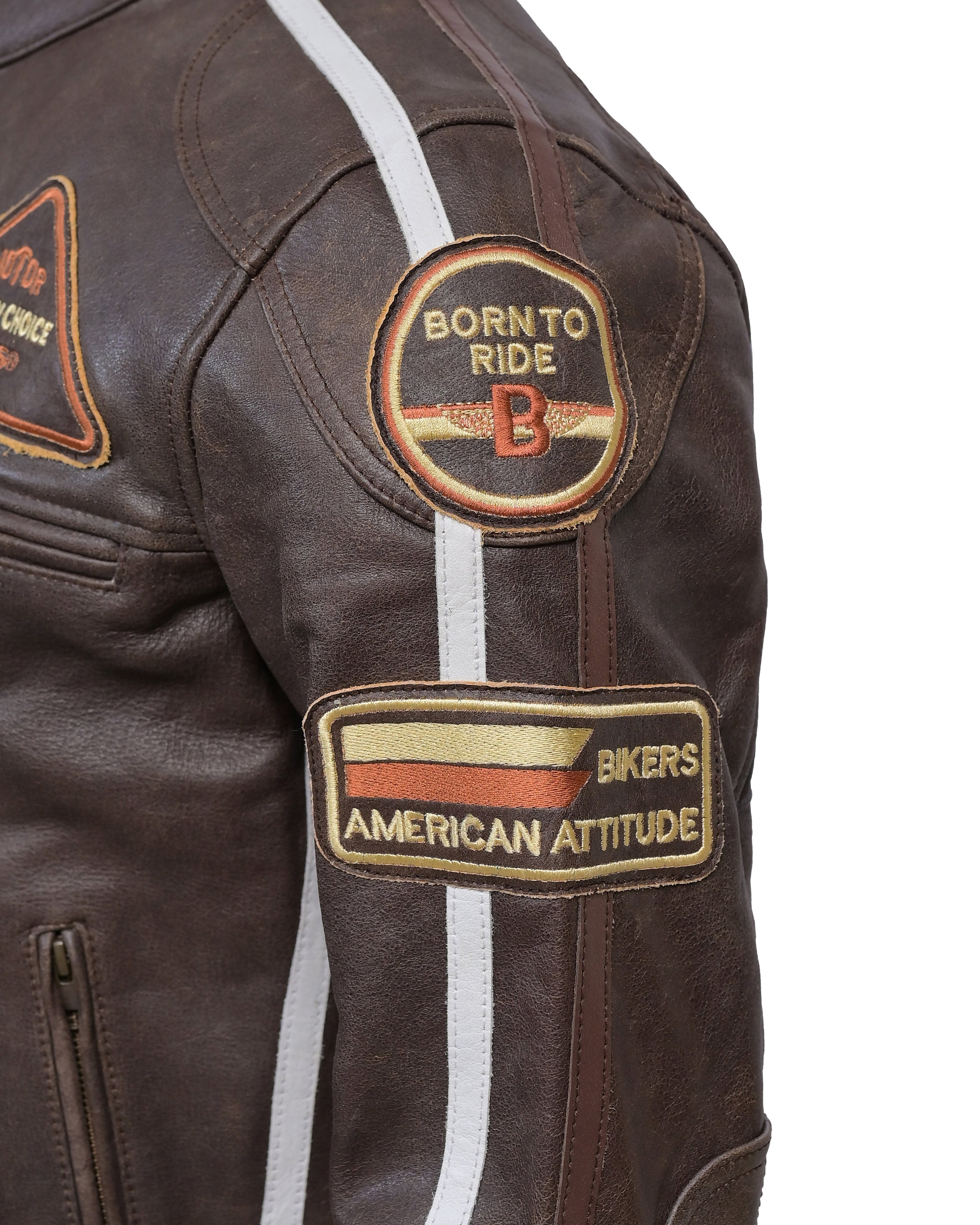 Men’s Vintage Brown Racing Leather Jacket – Striped Biker Gear - Vintmint Classic