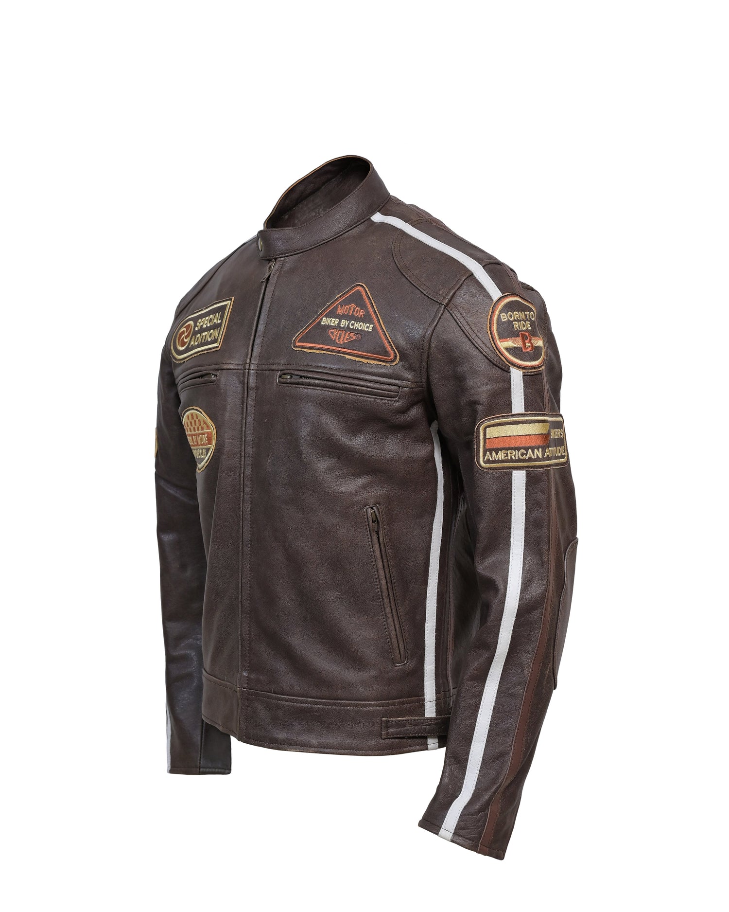 Men’s Vintage Brown Racing Leather Jacket – Striped Biker Gear - Vintmint Classic