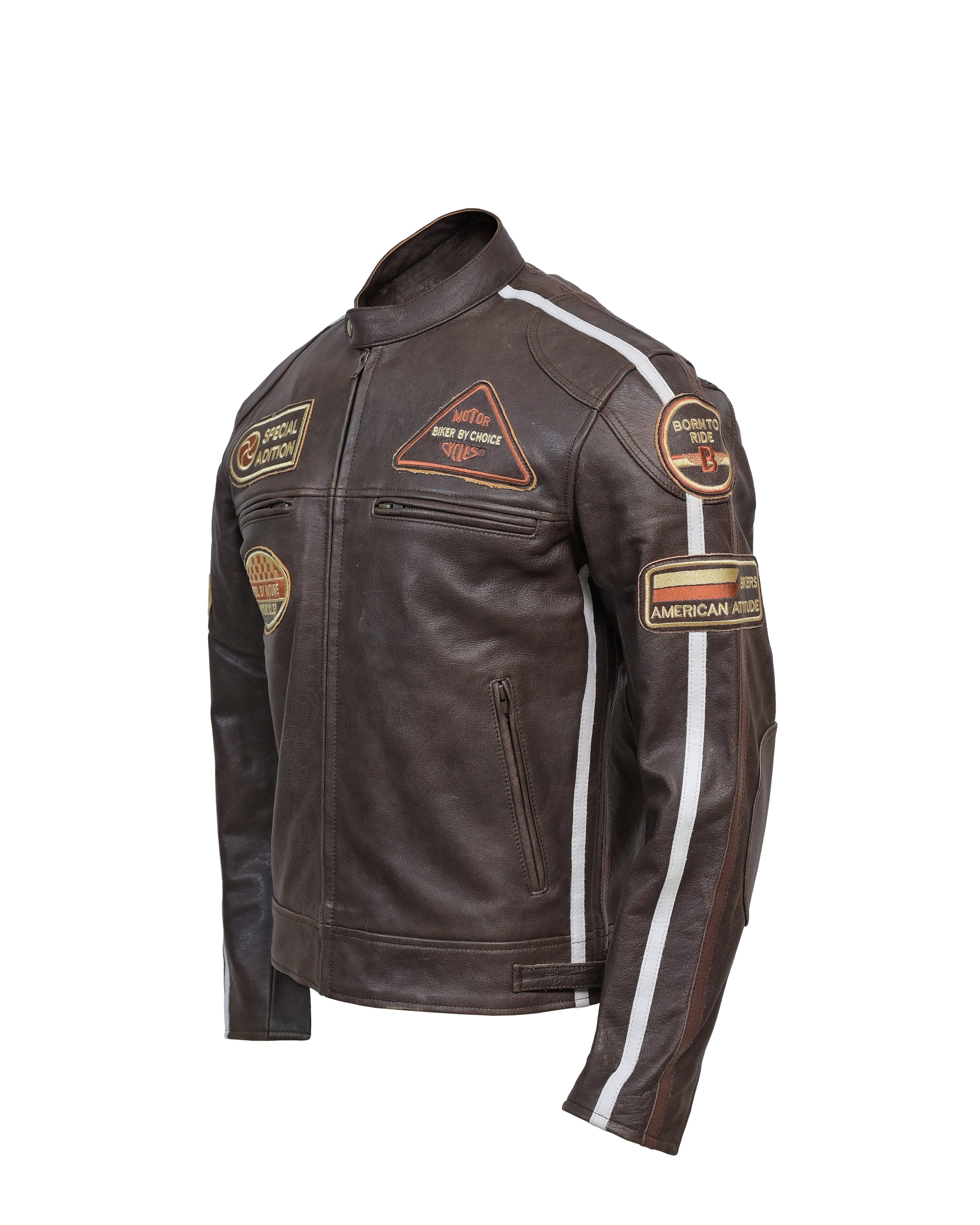 Men’s Vintage Brown Racing Leather Jacket – Striped Biker Gear - Vintmint Classic