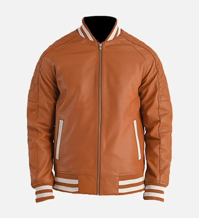 brown leather varsity jacket
