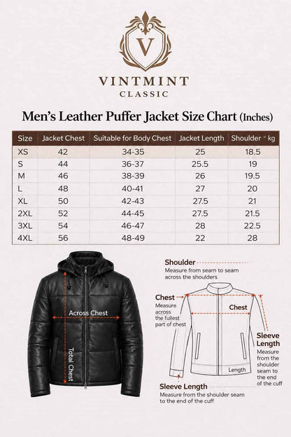 Black Leather Puffer Coat with Hood - High Quality Material
