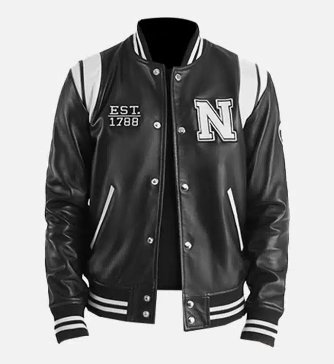 Black leather varsity jacket with white lettering 