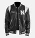 Black leather varsity jacket with white lettering 