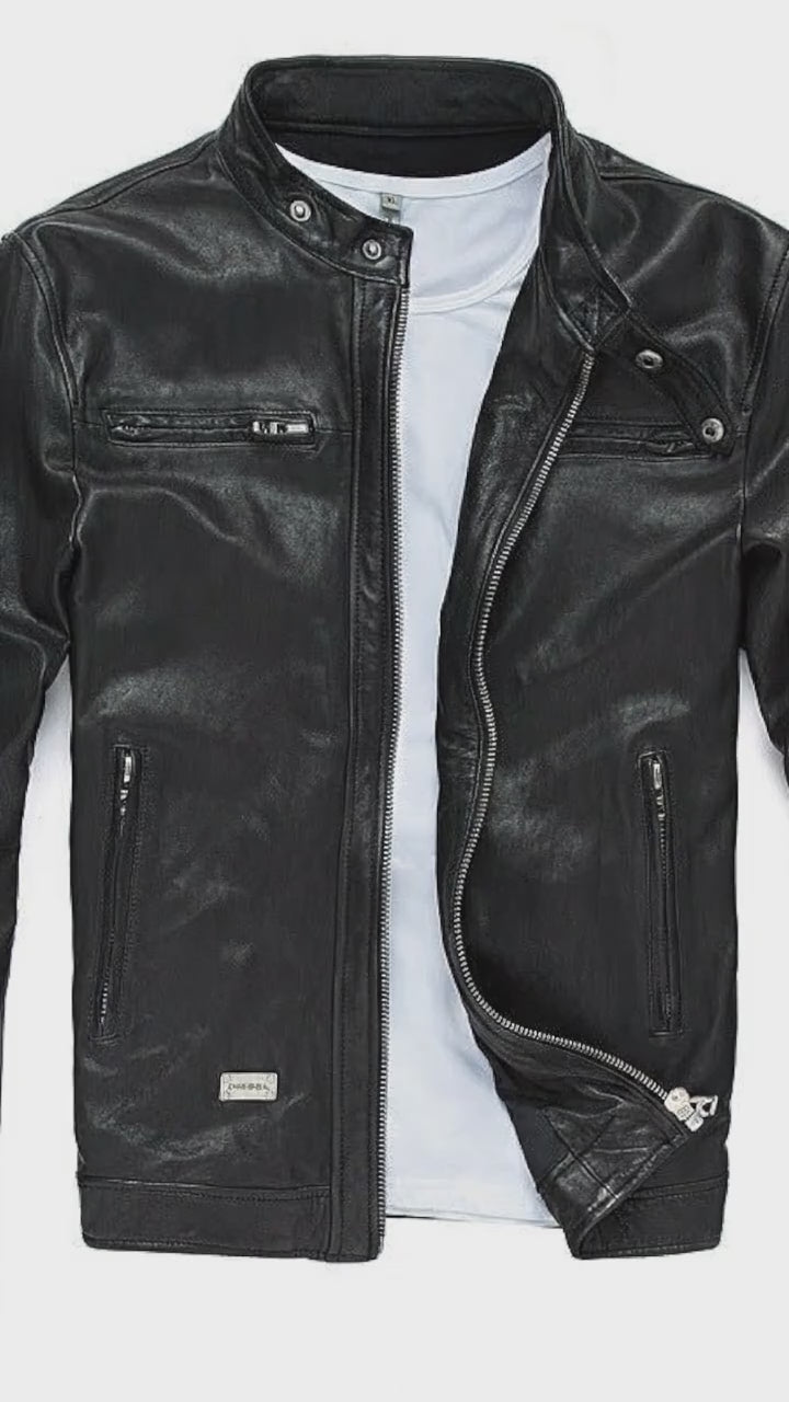 Men’s Black Cafe Racer Leather Jacket – Slim Fit Minimalist Style