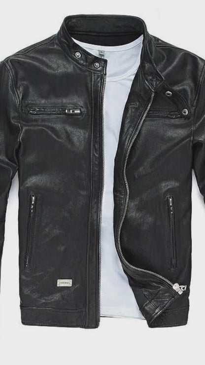 Men’s Black Cafe Racer Leather Jacket – Slim Fit Minimalist Style
