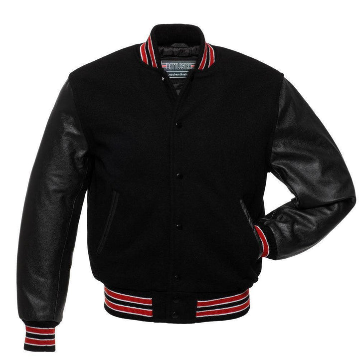 black leather varsity jacket