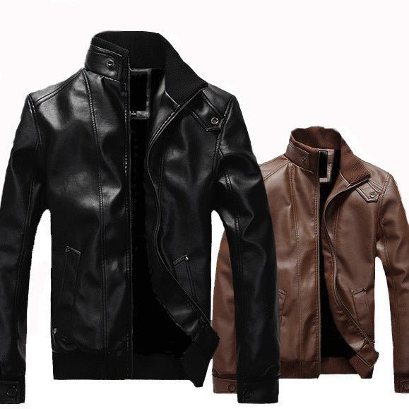 Stand - up collar leather padded leather jacket - Vintmint Classic