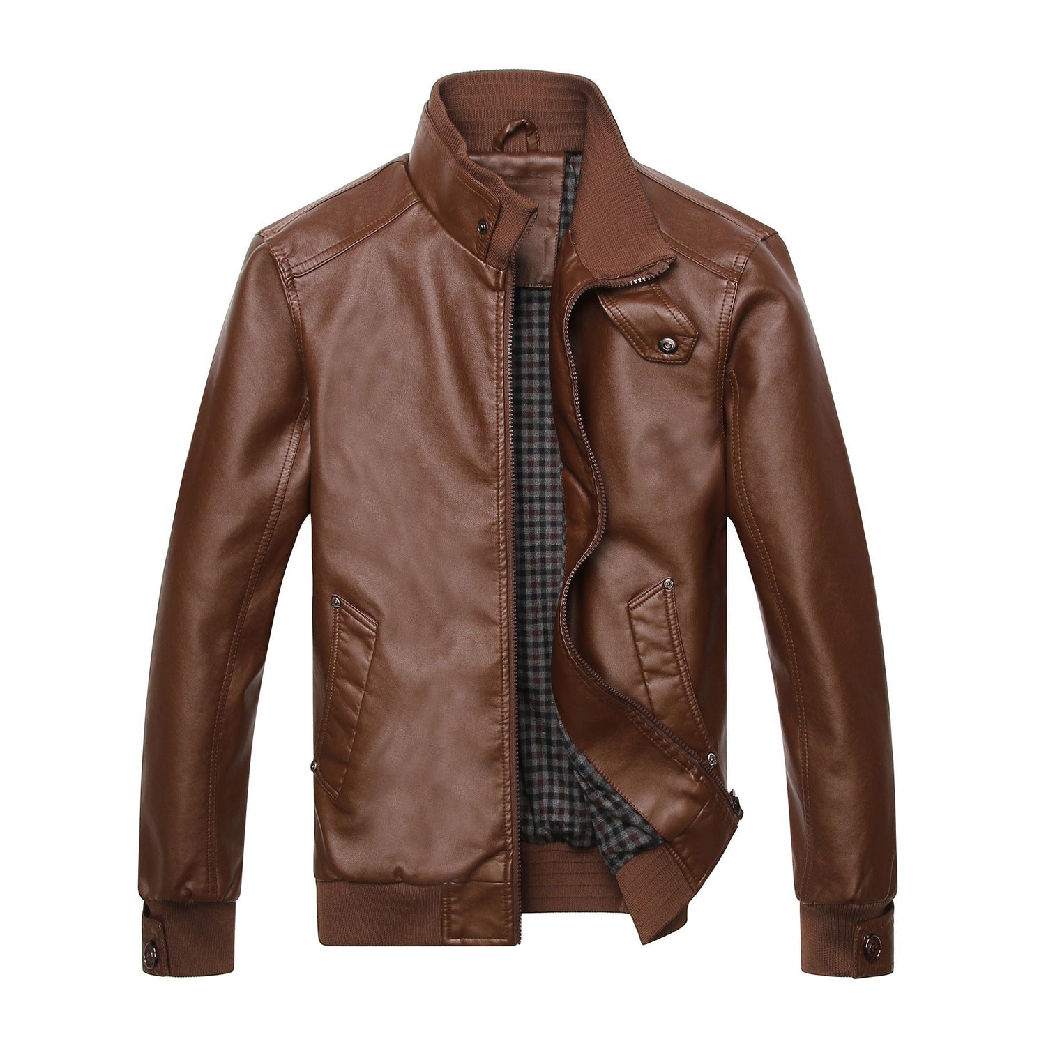 Stand - up collar leather padded leather jacket - Vintmint Classic