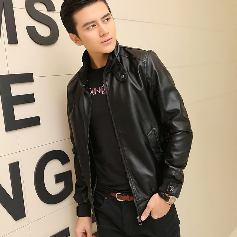 Stand - up collar leather padded leather jacket - Vintmint Classic