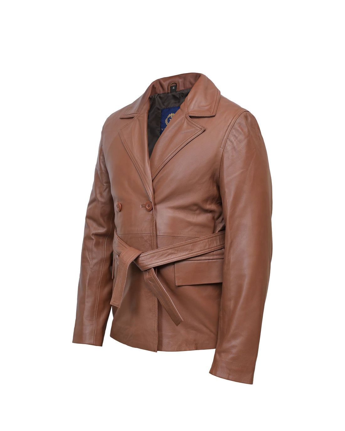Women’s Vintage Tan Leather Belted Blazer – Premium Leather Peacoat Style - Vintmint Classic