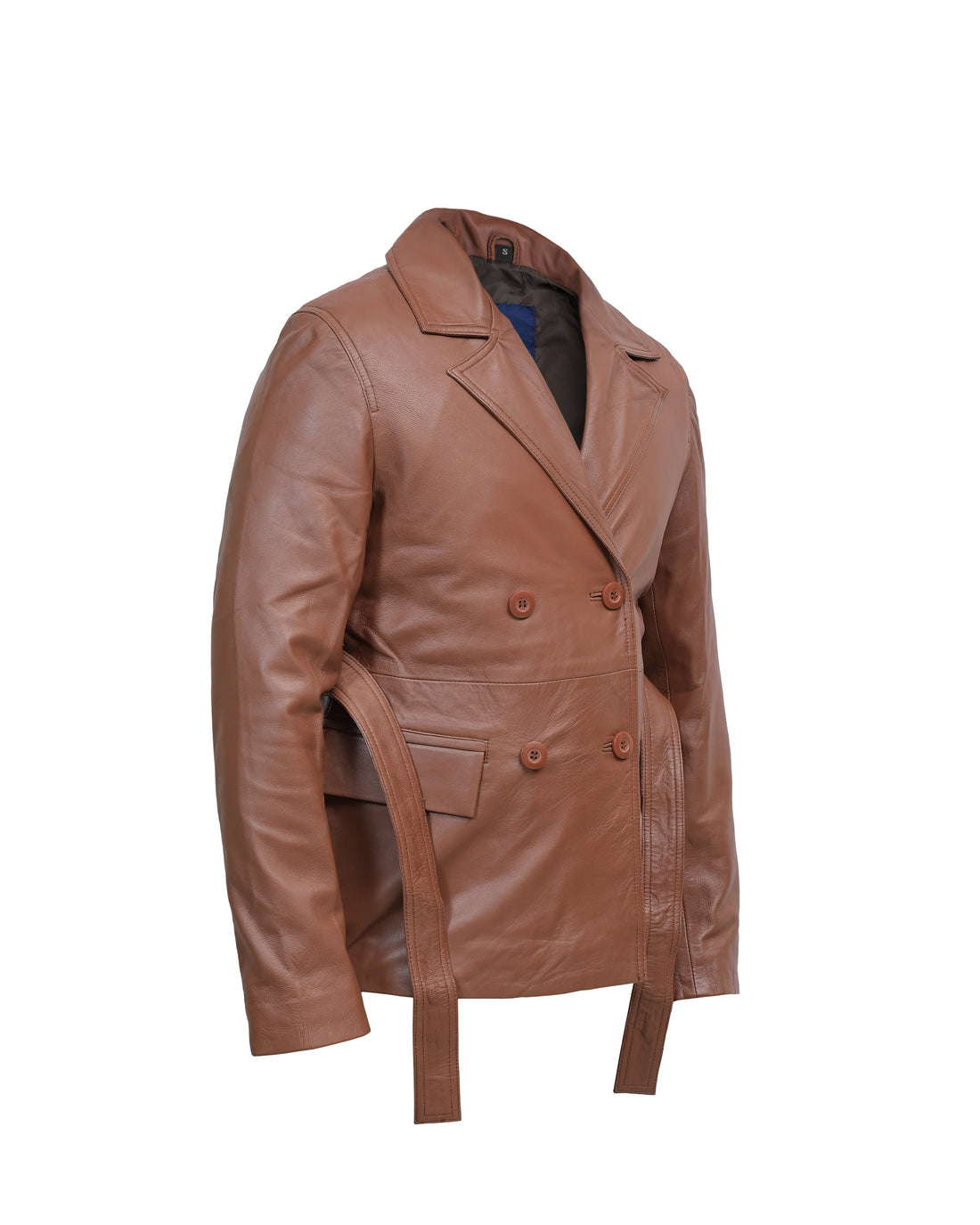 Women’s Vintage Tan Leather Belted Blazer – Premium Leather Peacoat Style - Vintmint Classic