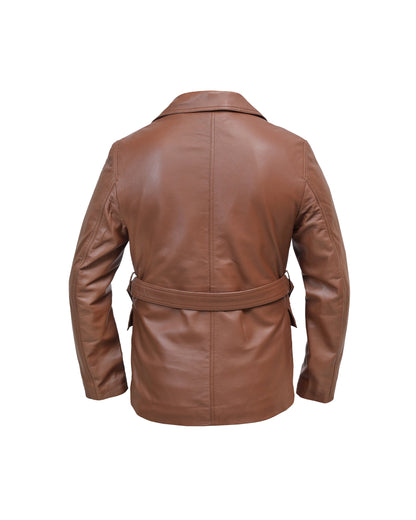 Women’s Vintage Tan Leather Belted Blazer – Premium Leather Peacoat Style - Vintmint Classic